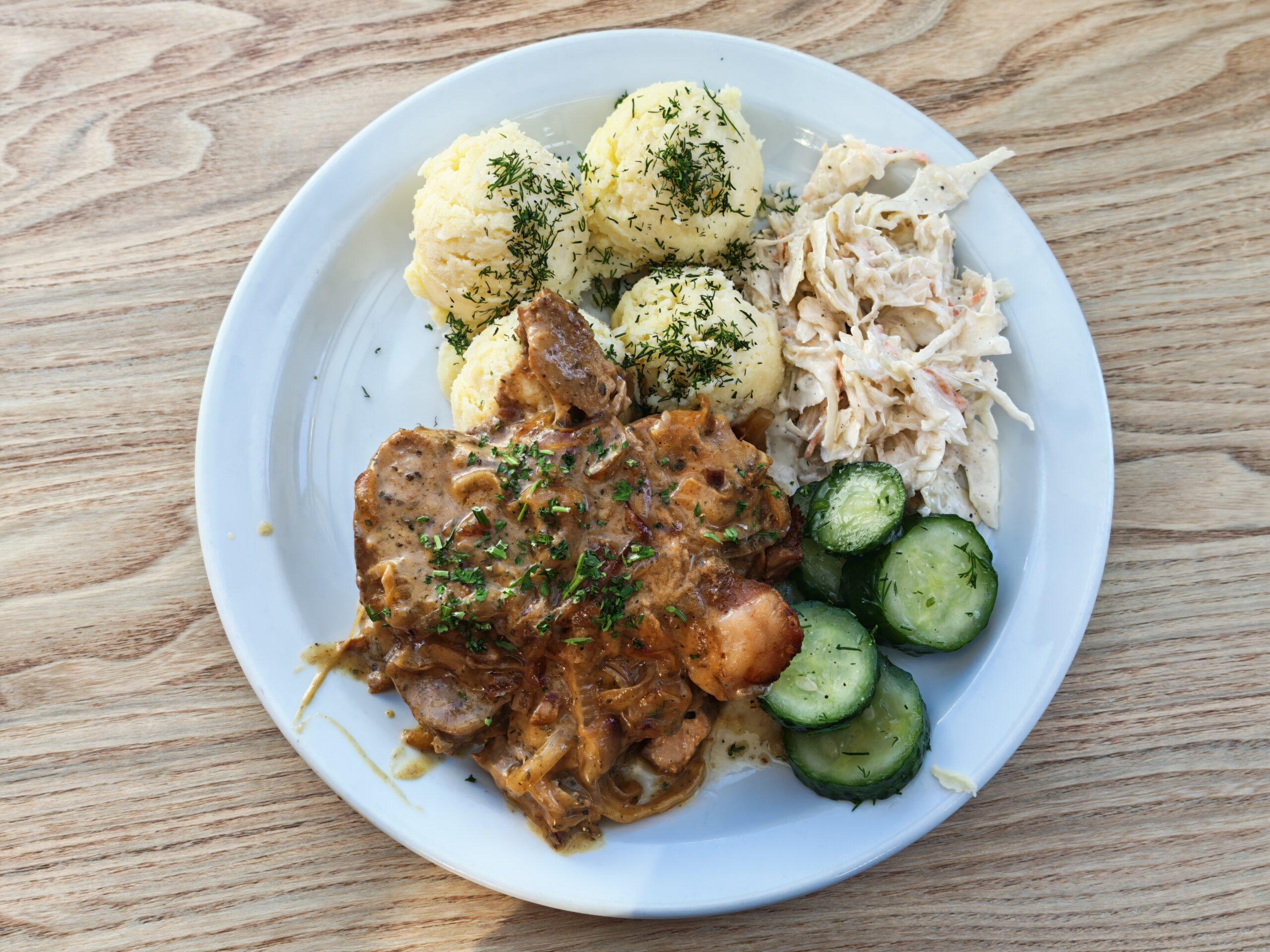 Roasted Pork with Mustard & Mushroom Sauce (M, S)