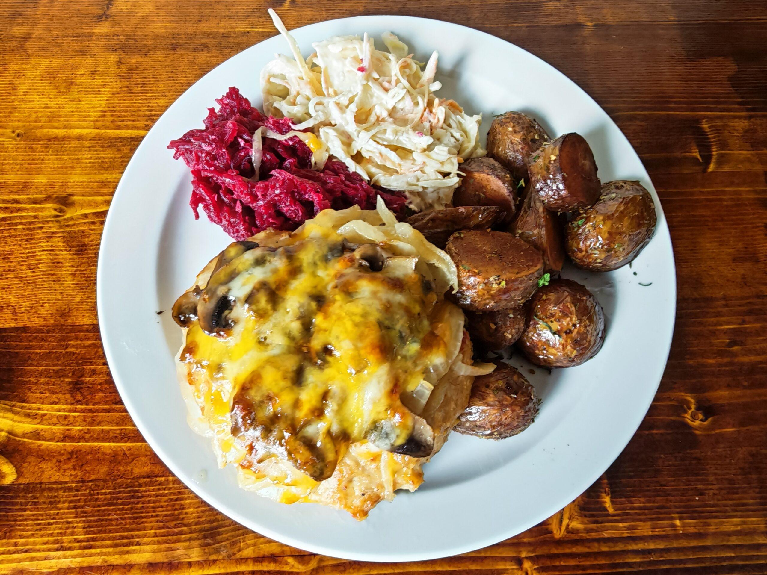 Turkey Rump Steak with Mushroom, Onion & Cheese